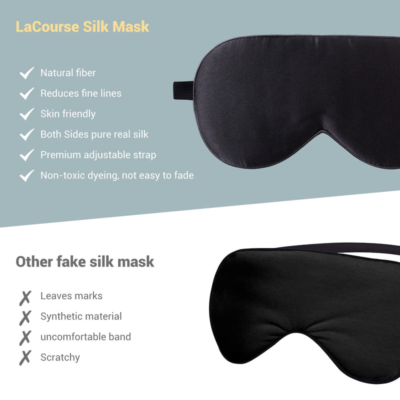 [Australia] - LaCourse 100% Natural Mulberry Silk Eye Mask for Sleeping with 4Pair EarPlugs & Travel Pouch. Soft, Smooth Sleeping Mask, Blocking Out Light. Adjustable Silk Sleep Eye Mask for Women&Men, Black Black With 4pair Earplugs 