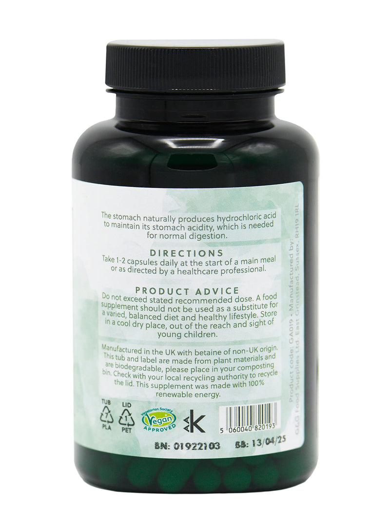 [Australia] - Betaine HCl | 480mg Betaine per Capsule | 120 Vegan Capsules | Betaine Hydrochloride | G&G Vitamins 