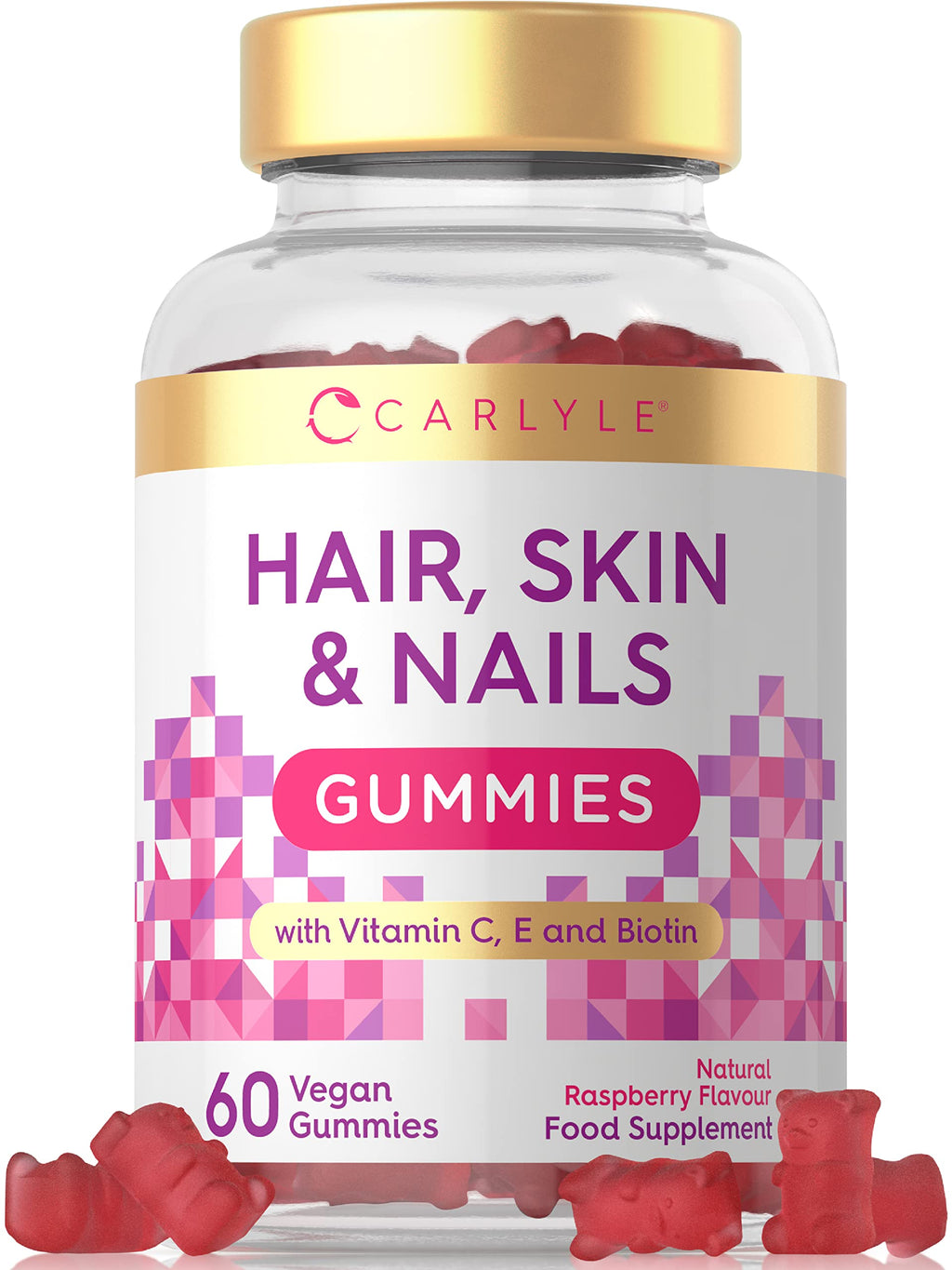 [Australia] - Hair, Skin & Nails Vegan Gummies | 5000mcg Biotin | + Vitamins A, B12, B6, C, D, E, Zinc | 60 Raspberry Gummy Bears | Natural Flavouring | No Artificial Preservatives | by Carlyle 