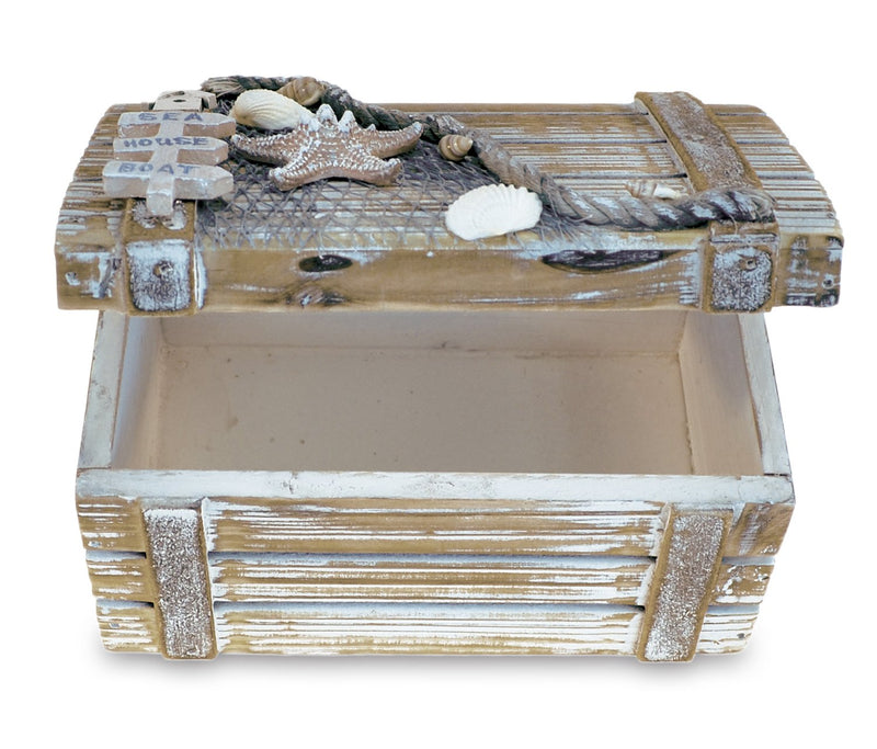 [Australia] - Puzzled Baja Medium Rustic Wood Nautical Jewelry Box, 6.75" x 3.75" Handcrafted Hinged Lid Starfish Seashell Decor Keepsake Desk Organizer or Gift Box for Rings & Trinkets - Beach Home Decor Stash 
