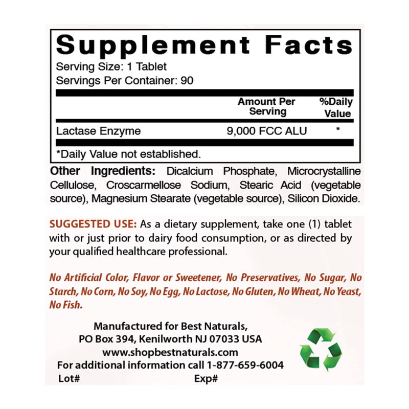 [Australia] - Best Naturals Lactose Intolerance Relief Tablets with Natural Lactase Enzyme, Fast Acting High Potency Lactase, 9000 FCC ALU, 90 Count 