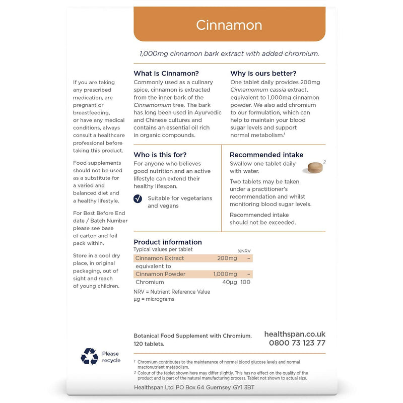 [Australia] - Healthspan Cinnamon 1,000mg | 120 Tablets | Added Chromium | Supports Metabolism | Vegan 