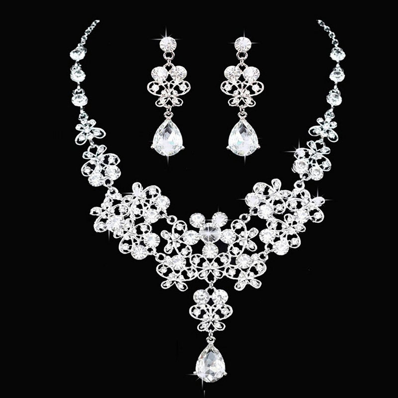 [Australia] - eNice Fashion Crystal Rhinestone Necklace Earrings Crown Flower Jewelry Sets For Wedding Bridal Party 