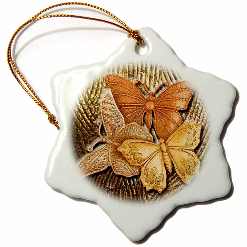 [Australia] - 3dRose Embossed Background with Accents and Three Beautiful Butterflies in Golds, Yellows and Copper Snowflake Ornament, 3" 3" 