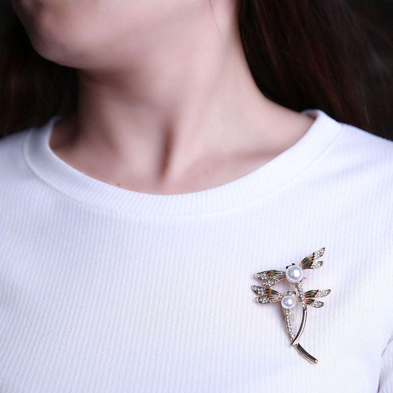 [Australia] - AILUOR Elegant Dragonfly Brooch Pins, Gold Tone Austrian Crystal Colorful Enamel Double Dragonfly Simulated Pearl Rhinestone Brooch Jewelry 