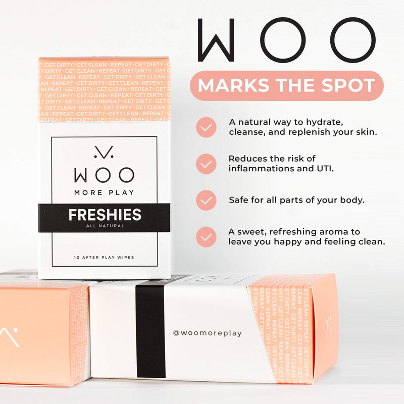 [Australia] - Woo More Play Freshies: All-Natural Feminine Intimacy Towelette Wipes with Coconut Oil and Aloe Vera, Promotes Feminine Health & Helps Alleviate Irritation - Vegan and Cruelty Free, 10ct 10 Count (Pack of 1) 