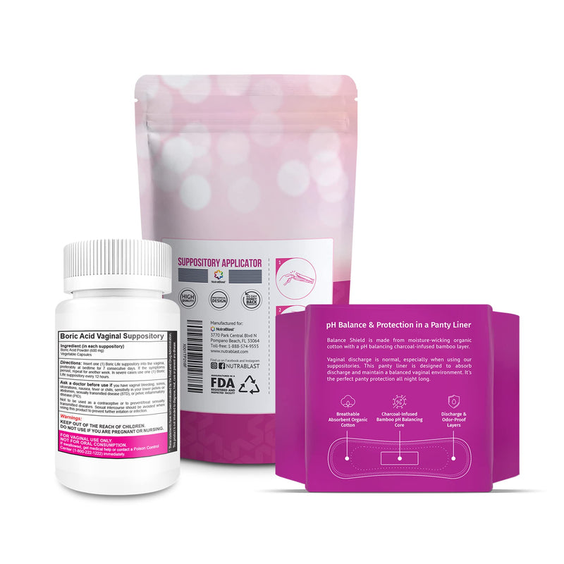 [Australia] - NutraBlast Boric Acid Vaginal Suppositories 600mg (30 Count) w/ Disposable Vaginal Applicators (15-Pack) and Balance Shield Panty Liners (180mm, 20-Pack) 