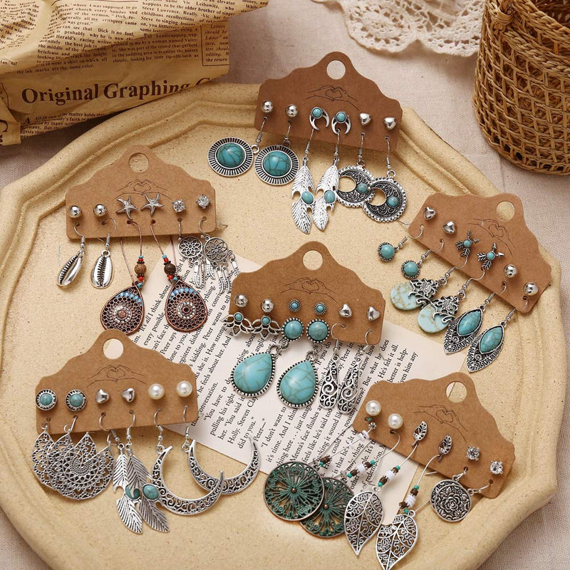 [Australia] - 36 Pairs Fashion Vintage Simulated Turquoise Drop Dangle Earrings Set for Women Girls Boho Hollow Waterdrop Leave Feather Silver Jewelry for Gifts 
