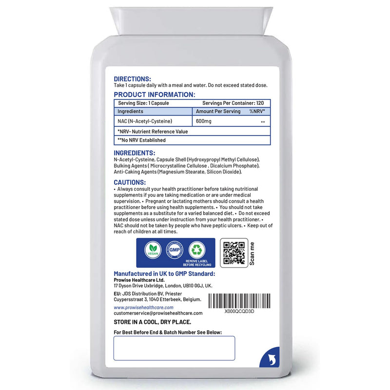 [Australia] - NAC N-Acetyl-Cysteine 600mg | 120 Capsules of Nac N-Acetyl-Cysteine | Vegan N-Acetyl-Cysteine Nutritional Supplements | High Bioavailability & No Fillers | UK Manufactured by Prowise Healthcare 