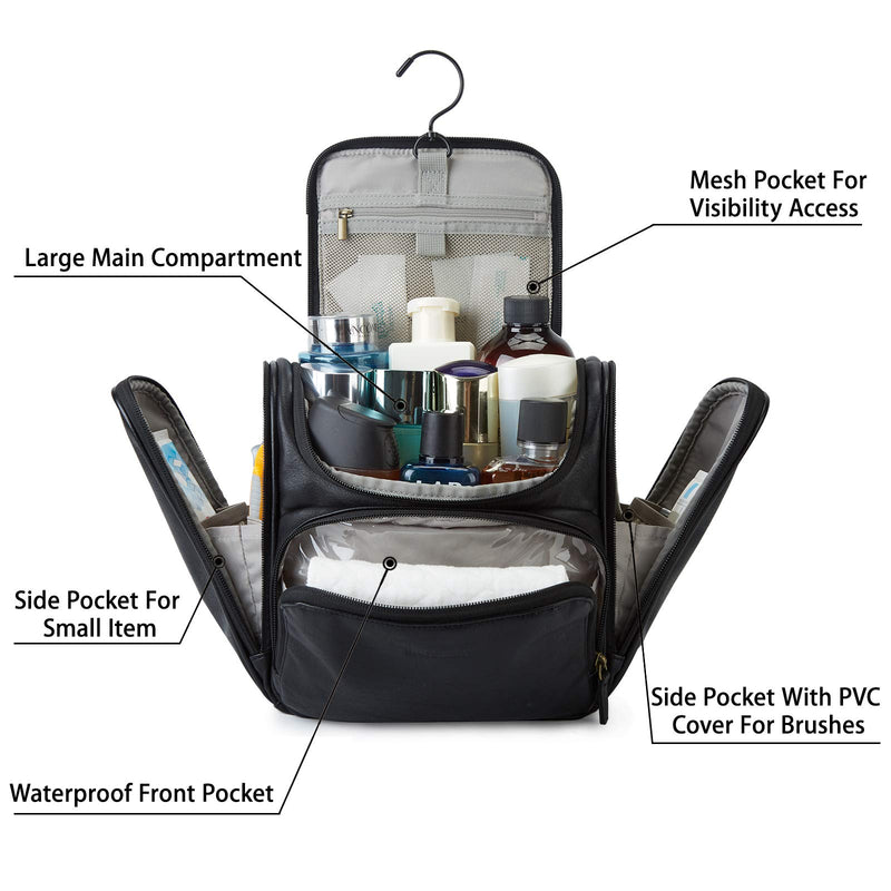 [Australia] - Toiletry Bag, BAGSMART Hanging Leather Toiletry Kit Large Women Mens Travel Organizer Water-resistant for Full Sized Container, Toiletries, Brushes Shaving(Black) Black 