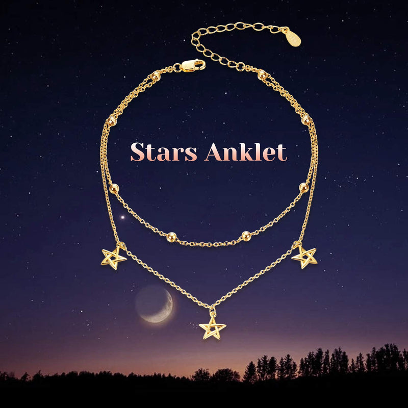 [Australia] - POPLYKE 925 Sterling Silver Gold Plated Anklet Summer Adjustable Beach Boho Ankle Bracelet B1 - Gold Star Anklet 