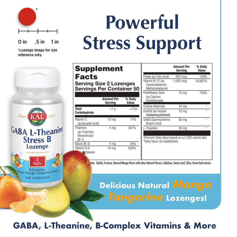 [Australia] - KAL GABA L-Theanine Stress B Lozenge | Healthy Relaxation, Mood & Focus Support | Natural Mango Tangerine Flavor | 100ct 