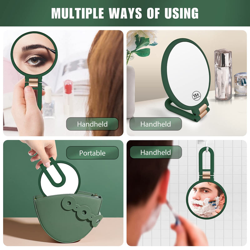 [Australia] - Linkstyle Makeup Mirror Double Sided, 1x 15x Magnifying Hand Held Mirror with 360° Folding Handle, Hanging Beauty Vanity Mirror, Portable Small Travel Mirror for Girl Women - Green 