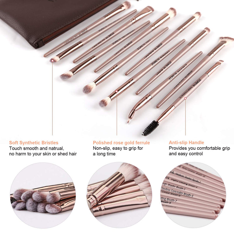 [Australia] - Zoreya Eye Makeup Brushes, 12 Pcs Professional Eye Brush Set Eyeshadow, Eyebrow, Blending, Fan, Eyelash Brushes Set With Carrying Bag(Champagne Gold) Champagne Gold 