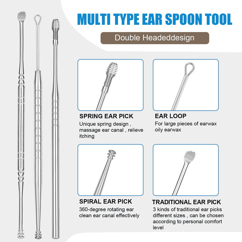 [Australia] - CYSNATU Ear Wax Removal Kit, Ear Pick, Ear Cleaning Tool Set Stainless Steel 6 in 1 Ear Spoon Curette (with Cleaning Brush and Storage Box, Silver) 