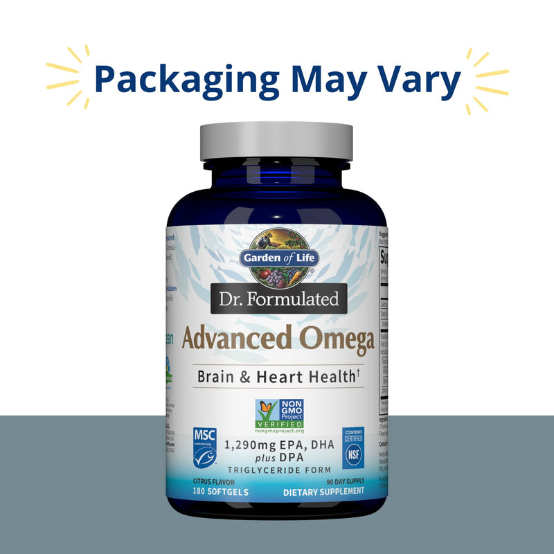 [Australia] - Garden of Life Dr. Formulated Advanced Omega Fish Oil - Lemon, 1,290mg EPA, DHA + DPA in Triglyceride Form, Single Source Omega 3 Supplement for Ultimate Brain & Heart Health, Non-GMO, 180 Softgels 180 Count (Pack of 1) 
