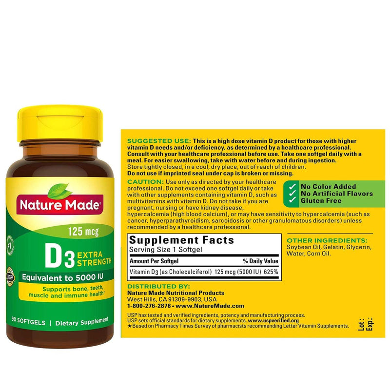 [Australia] - Nature Made Extra Strength Vitamin D3 5000 IU (125 mcg), Dietary Supplement for Immune Support, 90 Softgels, 90 Day Supply 90 Count (Pack of 1) 