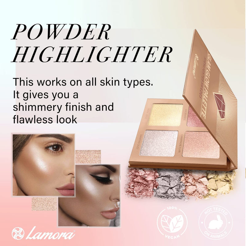 [Australia] - Highlighter Make-up Bronzer Powder Palette - Face Highlighter Makeup Palette Set With Mirror - 4 Highly Pigmented Shimmer Colors For Highlighting And Contouring - Vegan, Cruelty Free & Hypoallergenic 