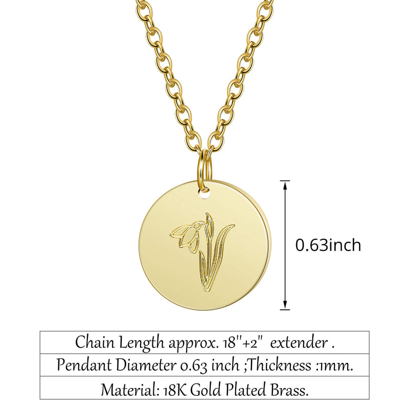 [Australia] - Birth Flower Necklace 18K Gold Plated Floral Pendant Necklace Simple Birth Month Disk Charm Necklace Personalized Gift for Mother Girlfriend Birthday Gift Jewelry A:Jan.-Snowdrop 