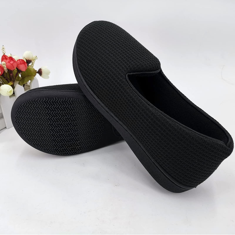 [Australia] - ofoot Womens Memory Foam Knit Cotton Waffle House Slippers with Back Indoor Slip On Shoes Lightweight Washable Terry Cloth Lining Non Slip Rubber Soles 6.5/7 UK Black 