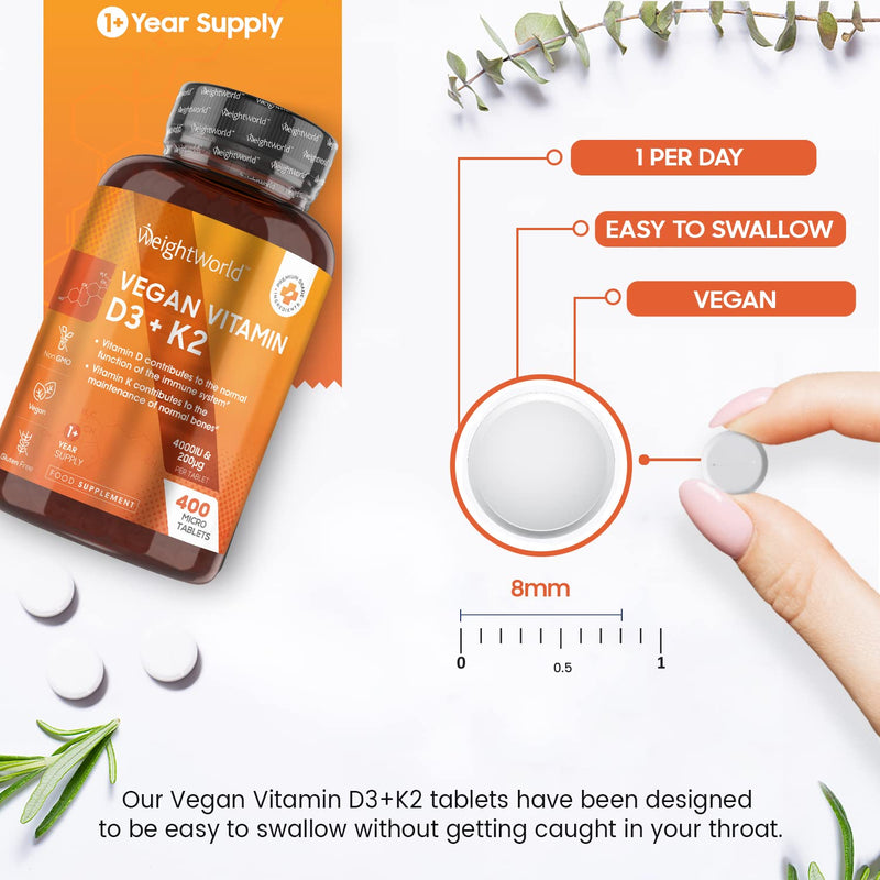 [Australia] - Vitamin D3 K2 Tablets - 4000iu Vitamin D High Strength Tablets with 200mcg K2 Vitamin (MK7) - 400 VIT D3 and K2 Tablets (1+ Year Supply) - Vegan Vitamin D K2 Supplement for Men & Women - EU Made 