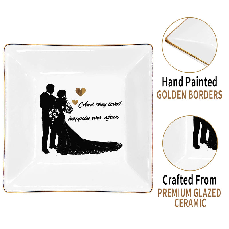 [Australia] - Kaidouma Wedding Engagement Gift for Bride or Couple Ring Trinket Dish Ceramic Decorative Jewelry Plate Valentine Anniversary Christmas Gifts for Women - and They Loved Happily Ever After 