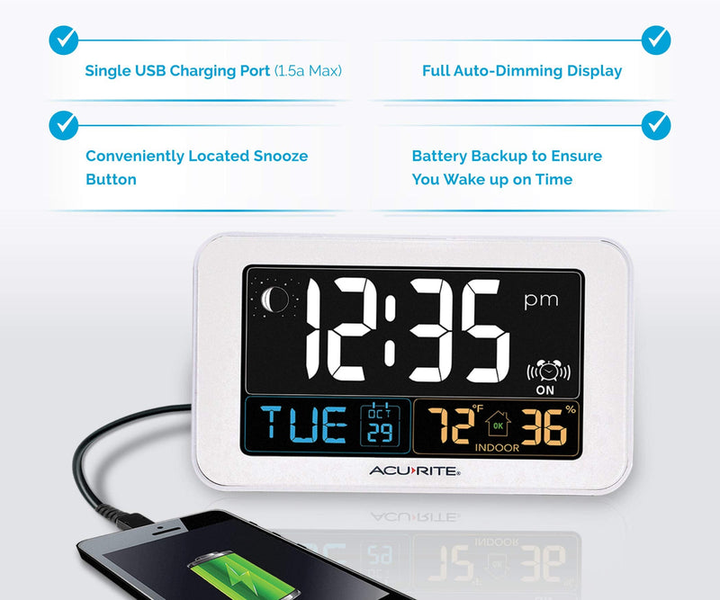 [Australia] - AcuRite Intelli-Time Digital Alarm Clock for Bedroom with USB Charger, Indoor Temperature and Humidity for Heavy Sleepers (13040CA) 