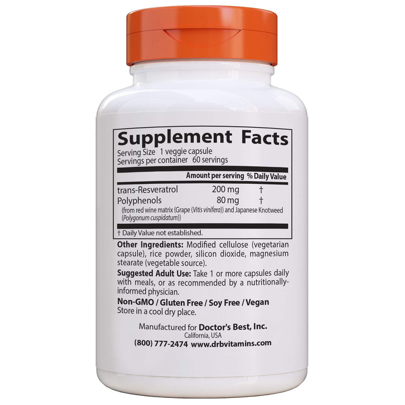 [Australia] - Doctor's Best, Trans-Resveratrol with ResVinol, Non-GMO, Vegan, Gluten & Soy Free, 200 mg, 60 Count 