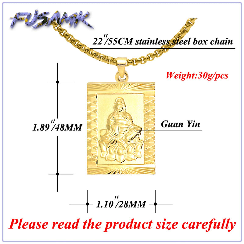 [Australia] - Fusamk Fashion Plated 18K Gold Buddha Dog Tag Pendant Guan Yin Necklace,22" Box Chain Plated Gold Guan Yin Dog Tag 