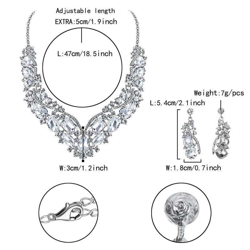 [Australia] - Flyonce Bridal Jewelry Set for Wedding Rhinestone Crystal Costume Statement Necklace Earrings Set for Women Clear Silver-Tone 
