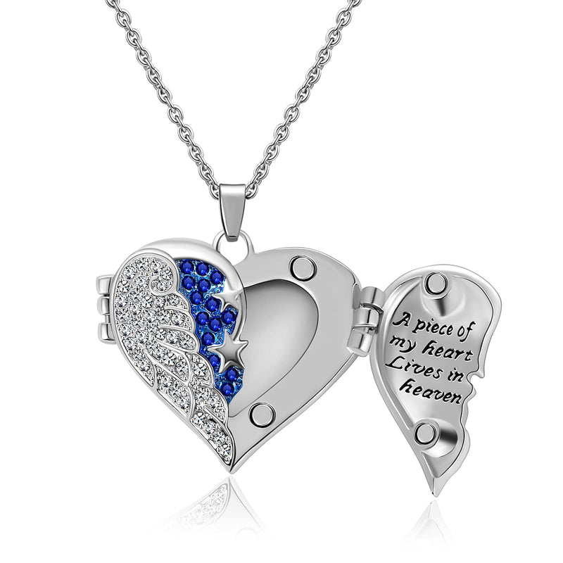 [Australia] - Heart Crystal Urn Necklace for Ashes A Piece Of My Heart Lives In Heaven Cremation Jewelry Angel Wings Memorial Keepsake Pendant Blue 