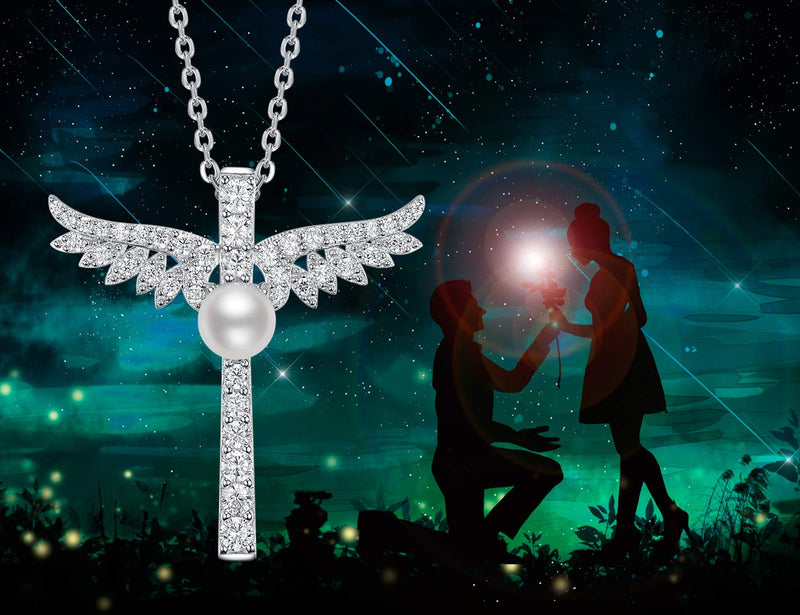 [Australia] - Re Besta June Birthstone Necklace Birthday Gifts for Women Pearl Jewelry for Mom Wife Sterling Silver Angel Wings Emerald Necklace Angel Wings White Pearl Necklace 