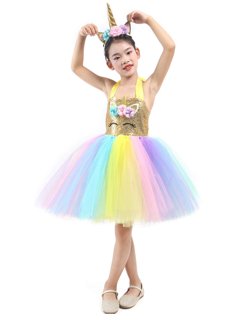 [Australia] - Tutu Dreams 3pcs Gold Unicorn Dress with Wings and Headband for Girls 1-10Y Birthday Christmas Party Gifts 1-2T 