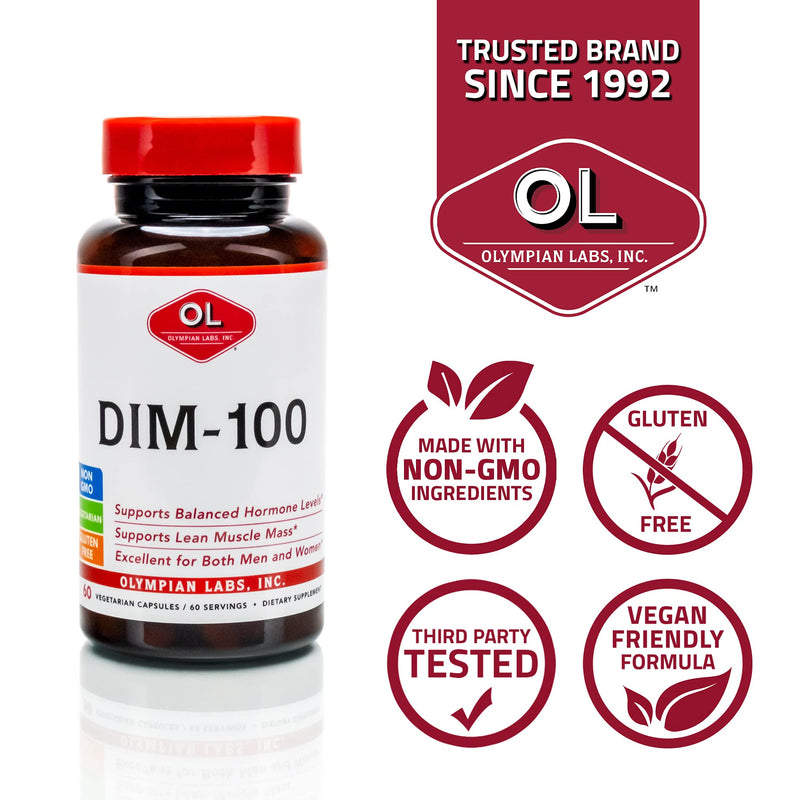 [Australia] - Olympian Labs DIM Supplement 100mg - DIM Diindolylmethane 60 Capsule Supply of DIM for Estrogen Balance, Hormone Menopause Relief, Acne Treatment, PCOS, Bodybuilding 100 MG, 60 Caps 