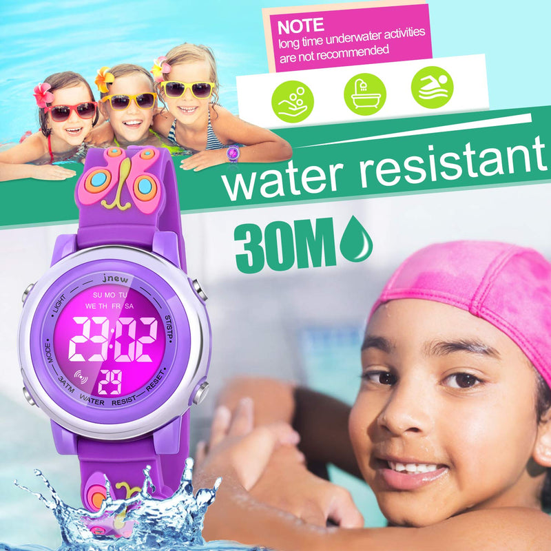 [Australia] - Viposoon Kids Watches, 3D Cartoon Waterproof Watch with 7 Color Lights Alarm Stopwatch Suitable for 3-10 Year Boys Girls - Best Gift Butterfly Purple 