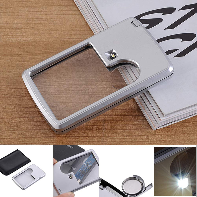 [Australia] - 6X 3X Credit Card Shape Magnifying Glass Lightweight LED Reading Illuminated Pocket Magnifier Handheld Jewelry Loupe with Leather Case (Silver) 