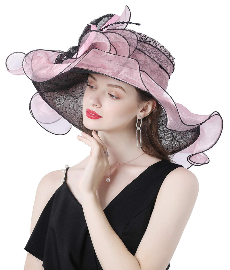 [Australia] - Z&X Women Kentucky Derby Church Hat Organza Flower Wide Brim Fascinator Hats for Wedding Tea Party, Dual-use 2002- Pink 