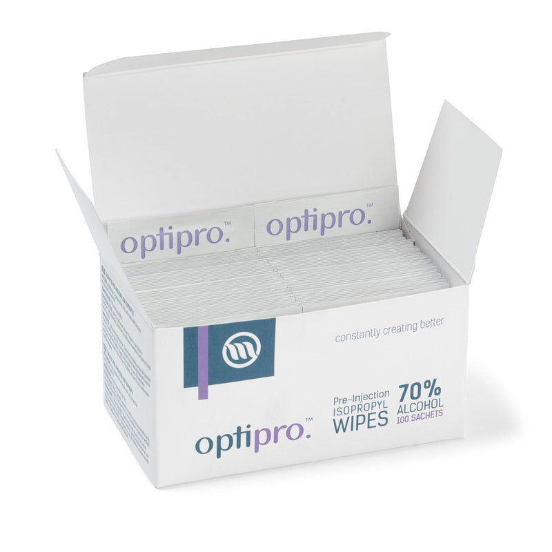 [Australia] - OptiPro Pre-Injection Wipes (x100) - Individually Wrapped Disposable Medical Skin Cleaning Easy-Tear 70% Isopropyl Alcohol Sachet Wipes (Pack of 100 Wipes) 100 Count (Pack of 1) 