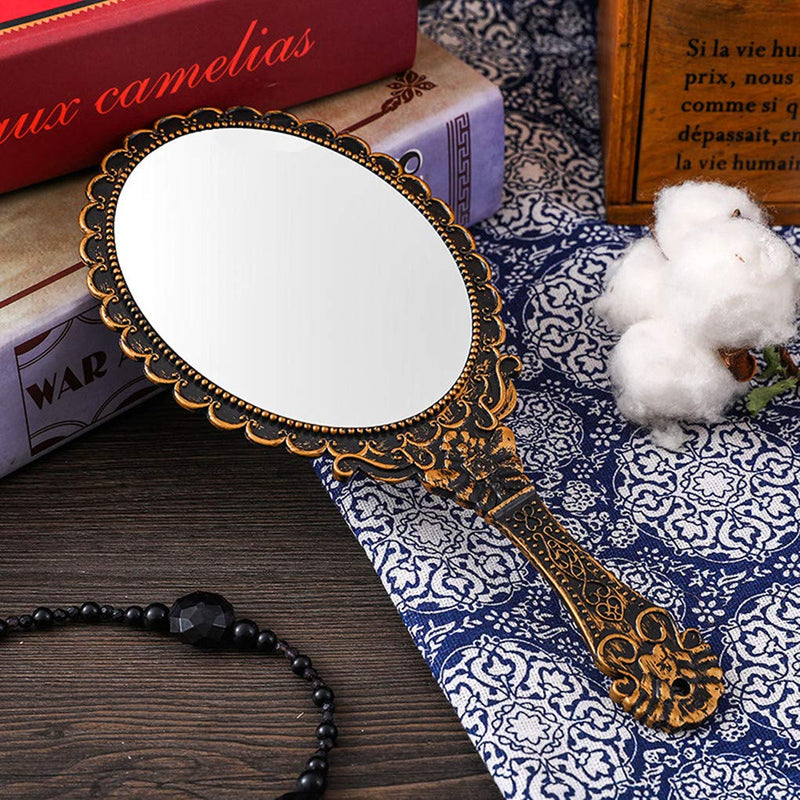 [Australia] - Dzrige Handheld Mirror Vintage Pattern Handle Makeup Mirror Hand Held Travel Mirrors Personal Cosmetic Mirror with Powder Puff (Bronze) 