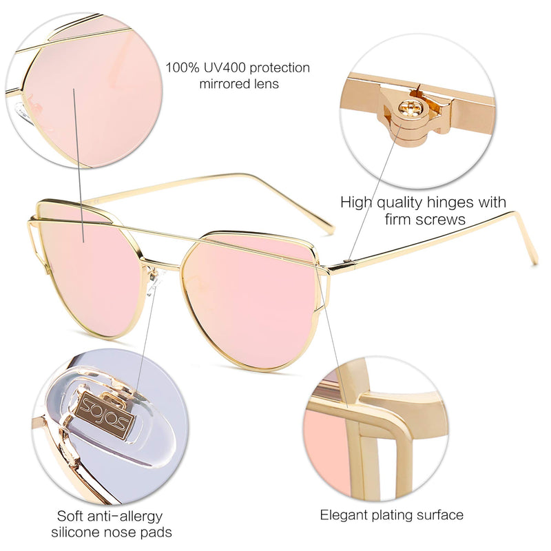 [Australia] - SOJOS Cat Eye Sunglasses for Women Fashion Designer Style Mirrored Lenses SJ1001 0c2 Gold Frame/Pink Mirrored Lens 56 Millimeters 