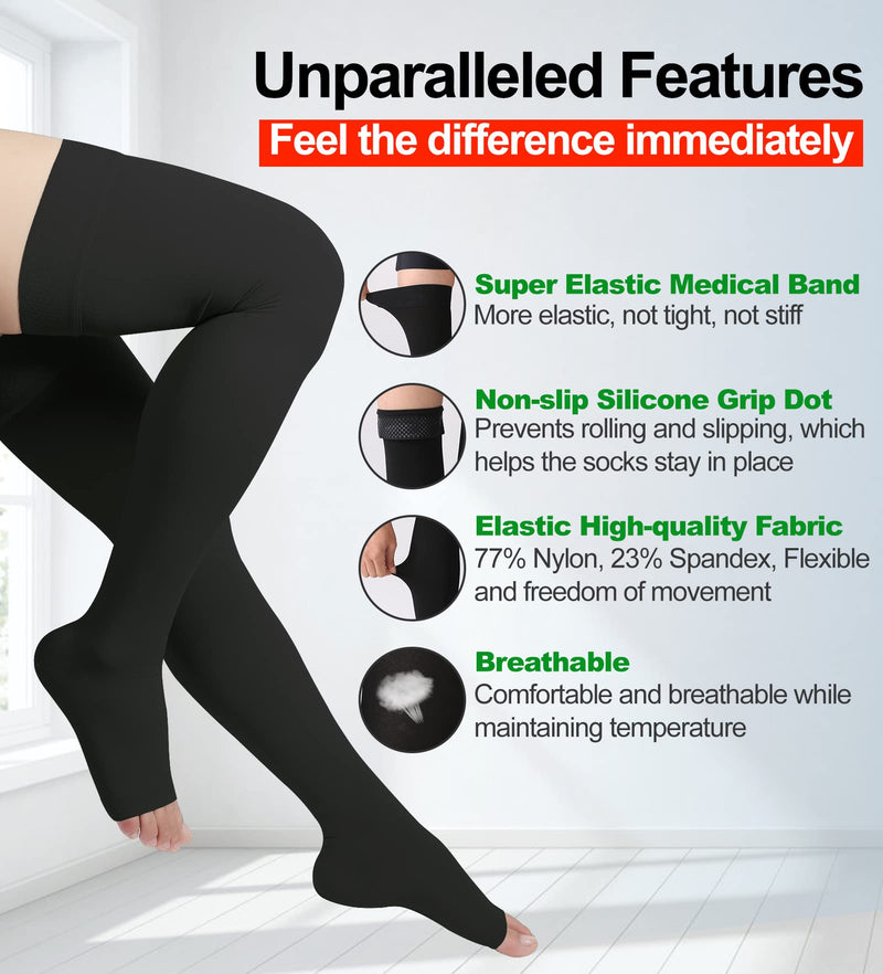 [Australia] - Thigh High Compression Stockings, Open Toe, Pair, Firm Support 20-30mmHg Gradient Compression Socks with Silicone Band, Unisex, Opaque, Best for Spider & Varicose Veins, Edema, Swelling, Black XXL 2X-Large 