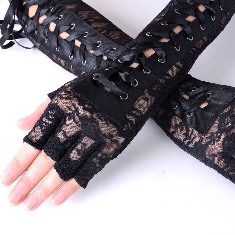 [Australia] - JISEN Womens Fingerless Gloves Elbow Lace Up steampunk Costume Arm Warmer Nylon Black 