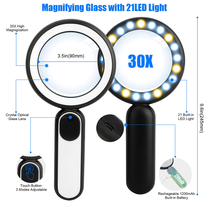 [Australia] - Magnifying Glass with Light, Handheld Illuminated Lighted Magnifying Glass with 21 Led, 3 Light Modes & Rechargeable USB Magnifier Seniors, Reading, Macular Degeneration, Exploring, Coins (Black) Black 