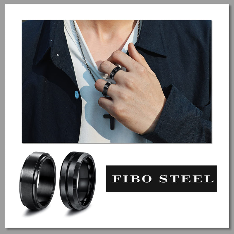 [Australia] - FIBO STEEL 6Pcs Black Spinner Rings for Men Women Fidget Rings Cool Chain Inlaid Greek Key Rings Stainless Steel Stress Relieving 8mm Wide Wedding Promise Band Rings Set Size 6-13 