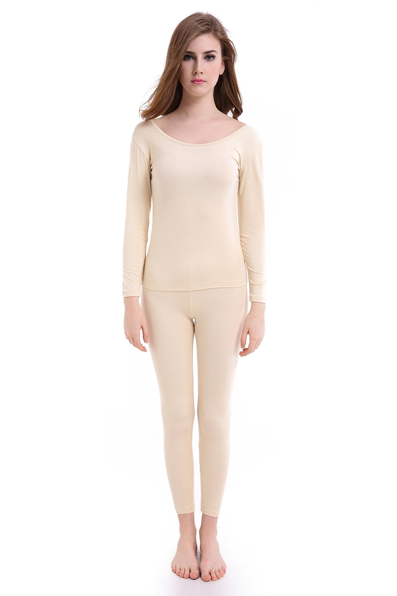 [Australia] - CnlanRow Womens Thermal Underwear Set Crew Neck Tops & Bottom Ladies Thermals Base Layer XL Apricot 