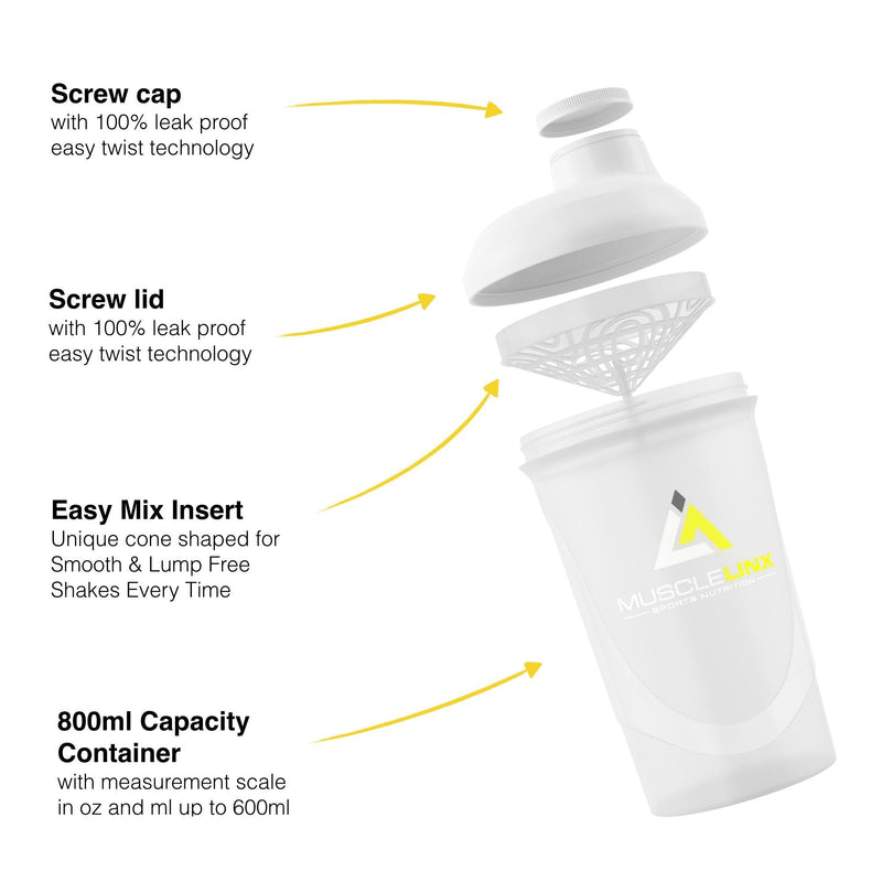 [Australia] - Protein Shaker Screw top 100% Leak Proof Drinks Bottle 600ml to 800ml by Musc (Transparent, White) White Transparent 