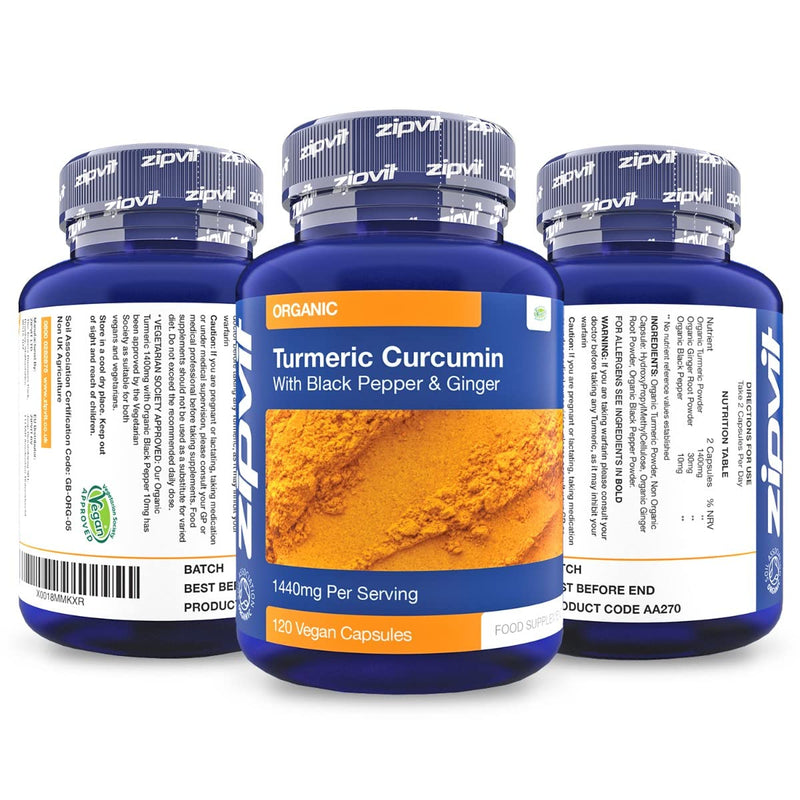 [Australia] - Organic Turmeric Curcumin 1440mg with Black Pepper & Ginger, 120 Vegan Capsules (2 Month Supply). Soil Association Certified. Vegetarian Society Approved. 