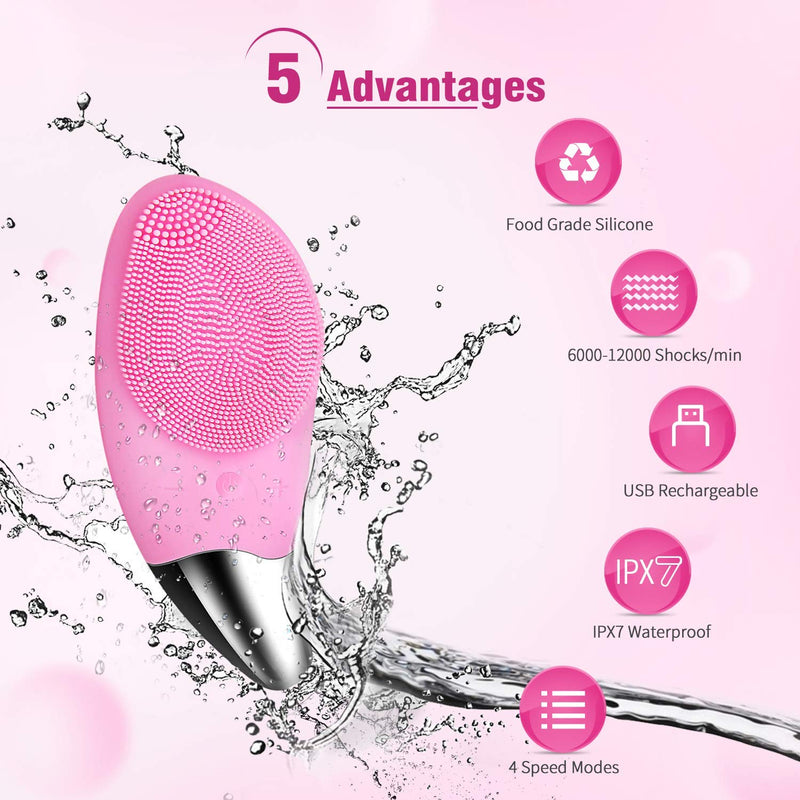 [Australia] - Sonic Facial Cleansing Brush, Electric Silicone Face Brush and Massager, Waterproof Silicone Face Scrubber for Deep Cleansing, Exfoliating, Blackhead Removing, Rechargeable,Pink A-Pink 