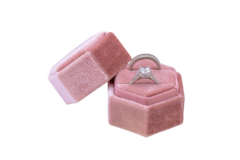 [Australia] - The Lux Box: Gorgeous Antique Velvet Geometric Ring Boxes for Proposals and Wedding Photos || Hexagon and Oval || Single or Double Rings || Fits Slim Bands (Dusty Rose Hexagon Double) Dusty Rose Hexagon Double 