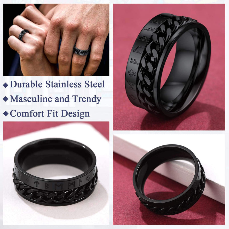 [Australia] - FaithHeart Norse Viking Runes Ring Stainless Steel/Gold Plated Rotatable Band Rings for Men Women- Can Personalized Engrave Rune & Cuban Chain-Black 7 